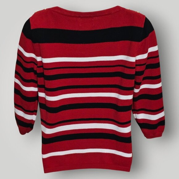 Chaps Classics Women’s M Red Black White Stripe 3/4 Sleeve Boat Neck Sweater - Picture 7 of 10